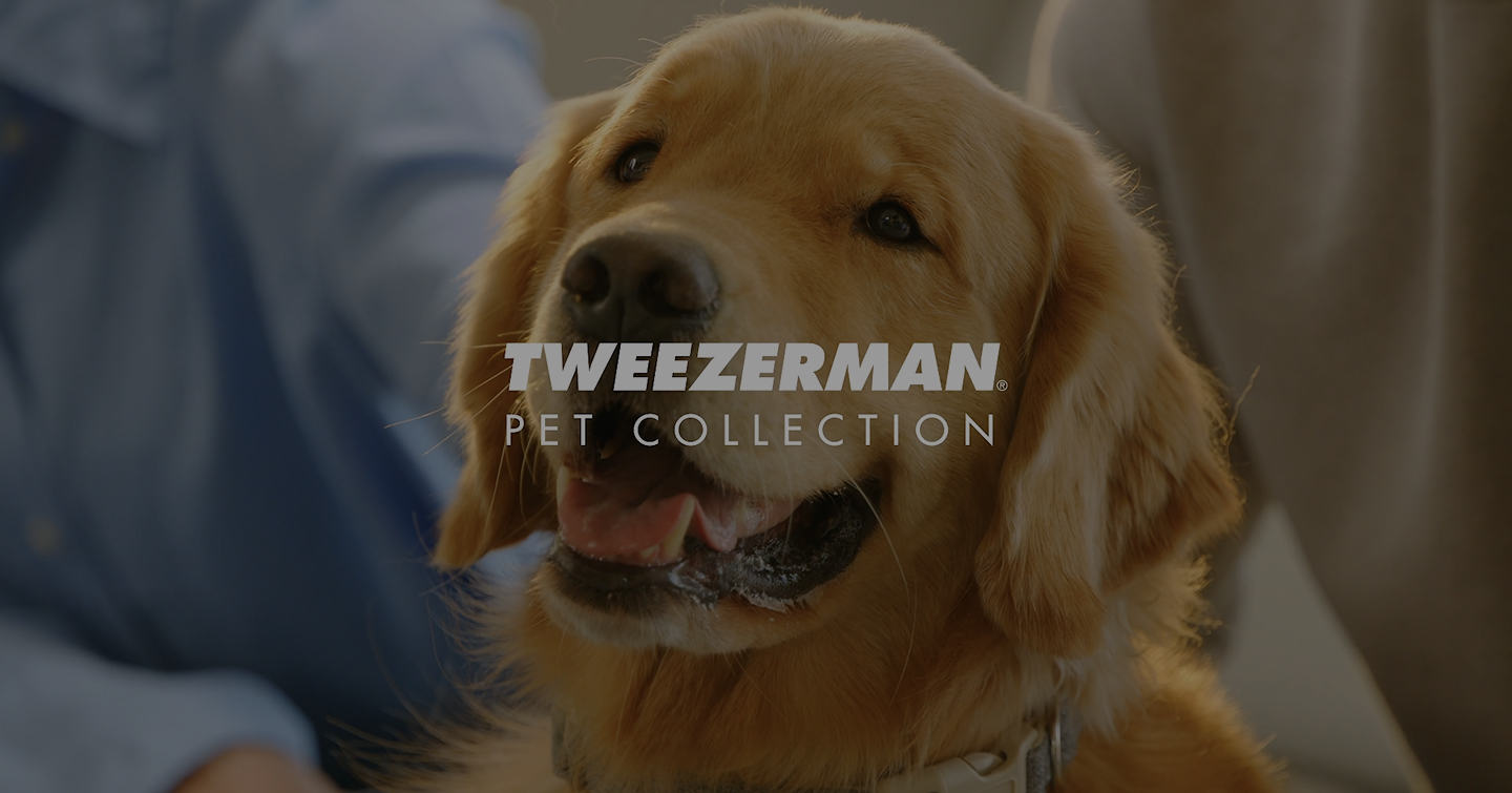 Tweezerman Pet Collection - Well groomed happy dog sitting with its owners in background.