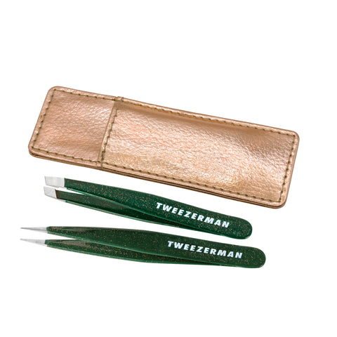 Enchanted Garden  Mini Slant and Point Tweezers in dark green with gold speckle finish and gold color carrying case