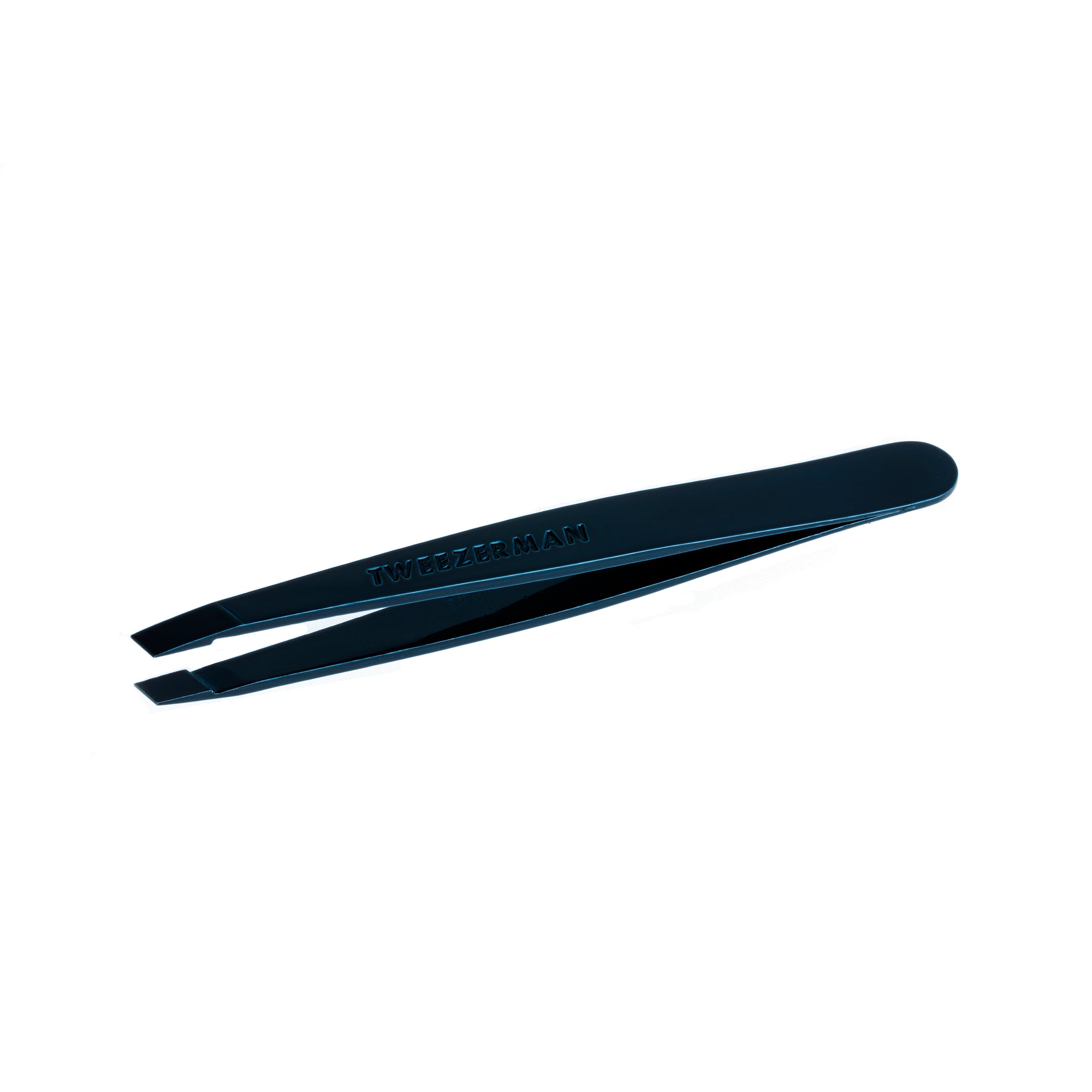 Mini Navy Slant Tweezers with Tweezerman name printed on it on a white background