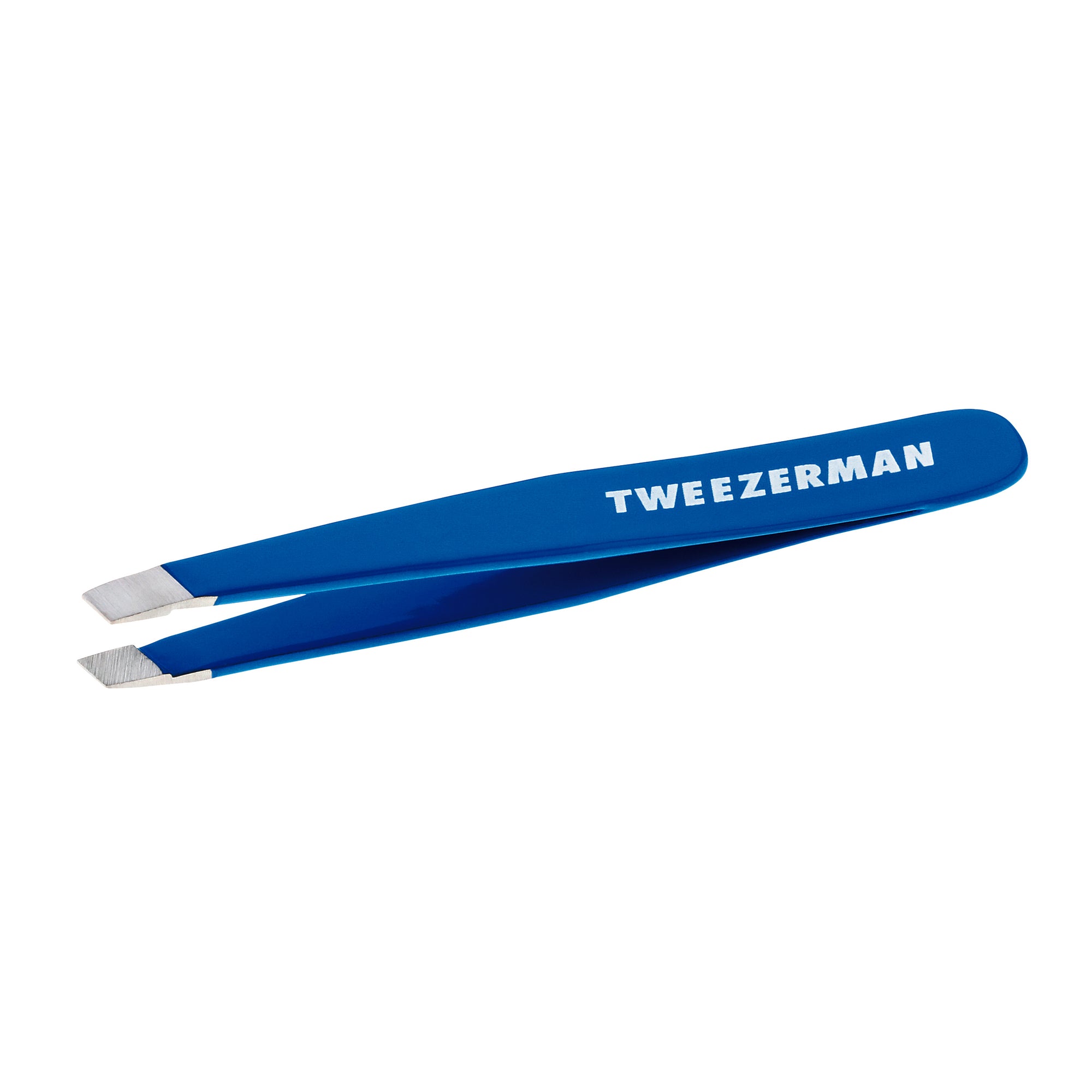 Mini Blue Slant Tweezer with Tweezerman logo printed on it on a white background.