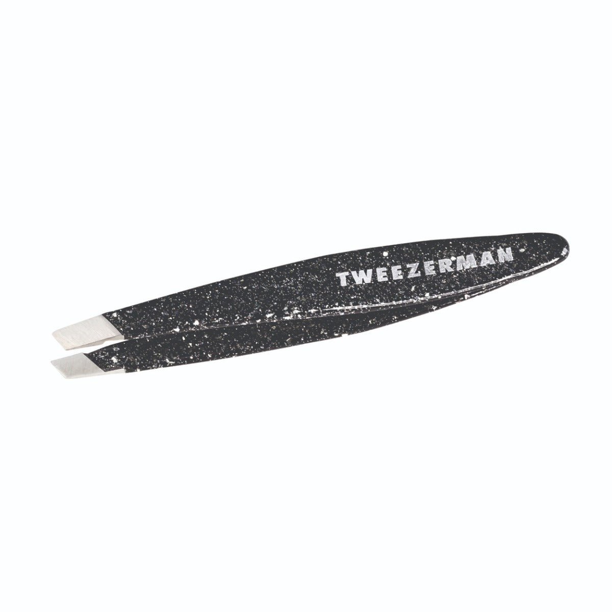 A mini oval slant tweezer with a glittery black finish and the brand name 'TWEEZERMAN' printed on the side.