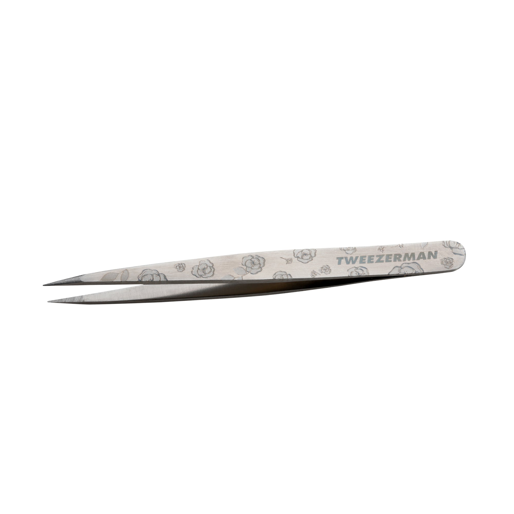 Petite Point Tweezer with Rose Etched Design and Tweezerman logo on it on a white background.
