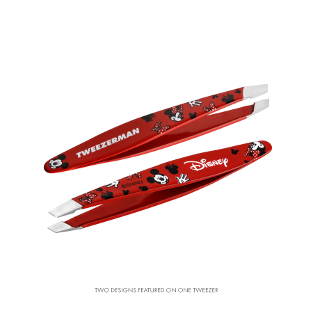 Both sides of Red Mickey Mouse and Minnie Mouse Mini Slant Tweezer with Stainless Steel Tips