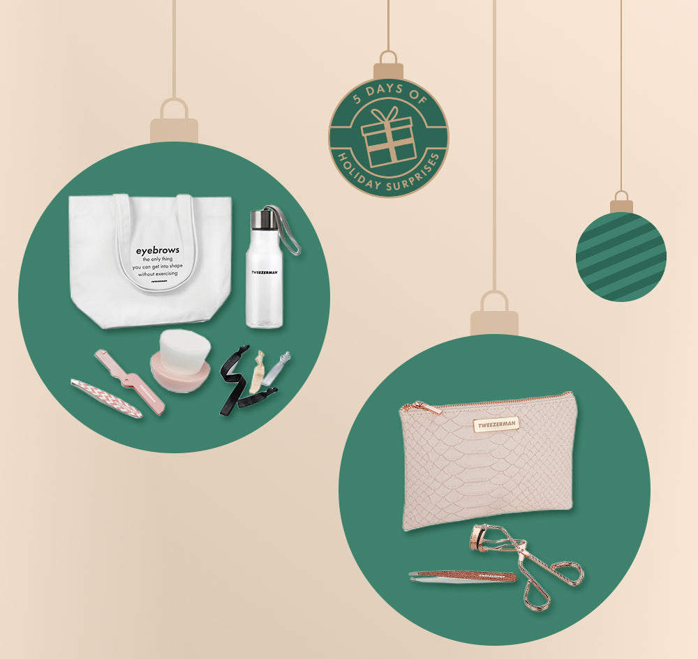 5 Days of Holiday Surprises, Free Gift Set, green and gold ornament background