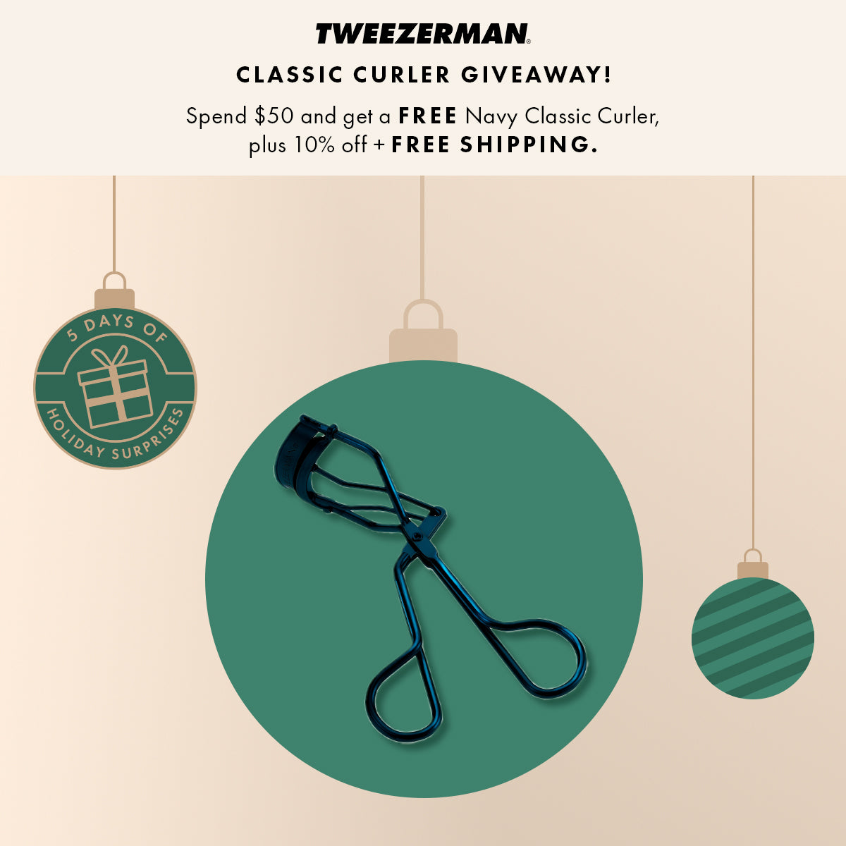 Navy classic eyelash curler, Green and gold holiday ornaments