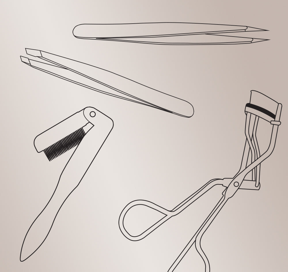 Illustration of various beauty tools on a beige background