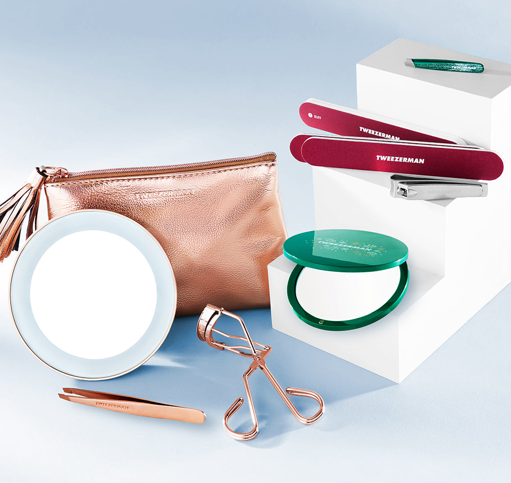 MICRO MINI SLANT TWEEZER EMERALD GREEN. Merry Berry Manicure Set with nail file and combo clipper or Enchanted Garden Compact Mirror.  GIFT BOX SET ROSE GOLD with mirror, rose gold slant tweezer and eyelash curler.
