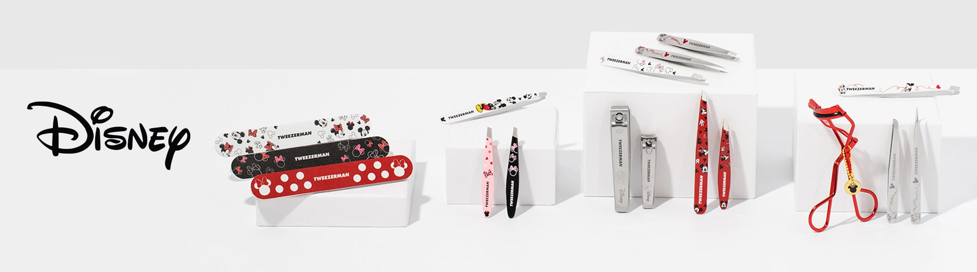 Disney Mickey and Minnie White, Black and Red Nail File Set, Mickey Mouse Slant Tweezer, Pink and Black Mini Slant Tweezer, Stainless Steel Combo Nal Clippers, Stainless Steel Design Point and Slant Tweezer Set. Red Eyelash Curler.