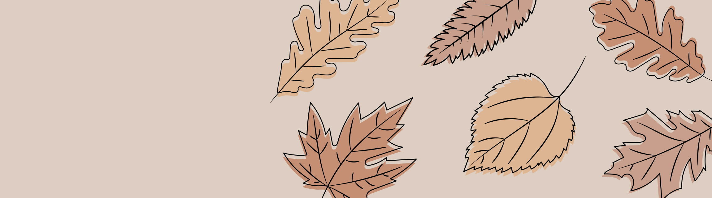A beige background with illustrated autumn leaves in tan, brown, and muted orange tones, arranged across the right side with open space on the left.