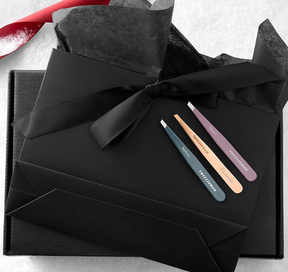 Black gift bag, 3 customized slant tweezers in blue stone, rose gold, wisteria