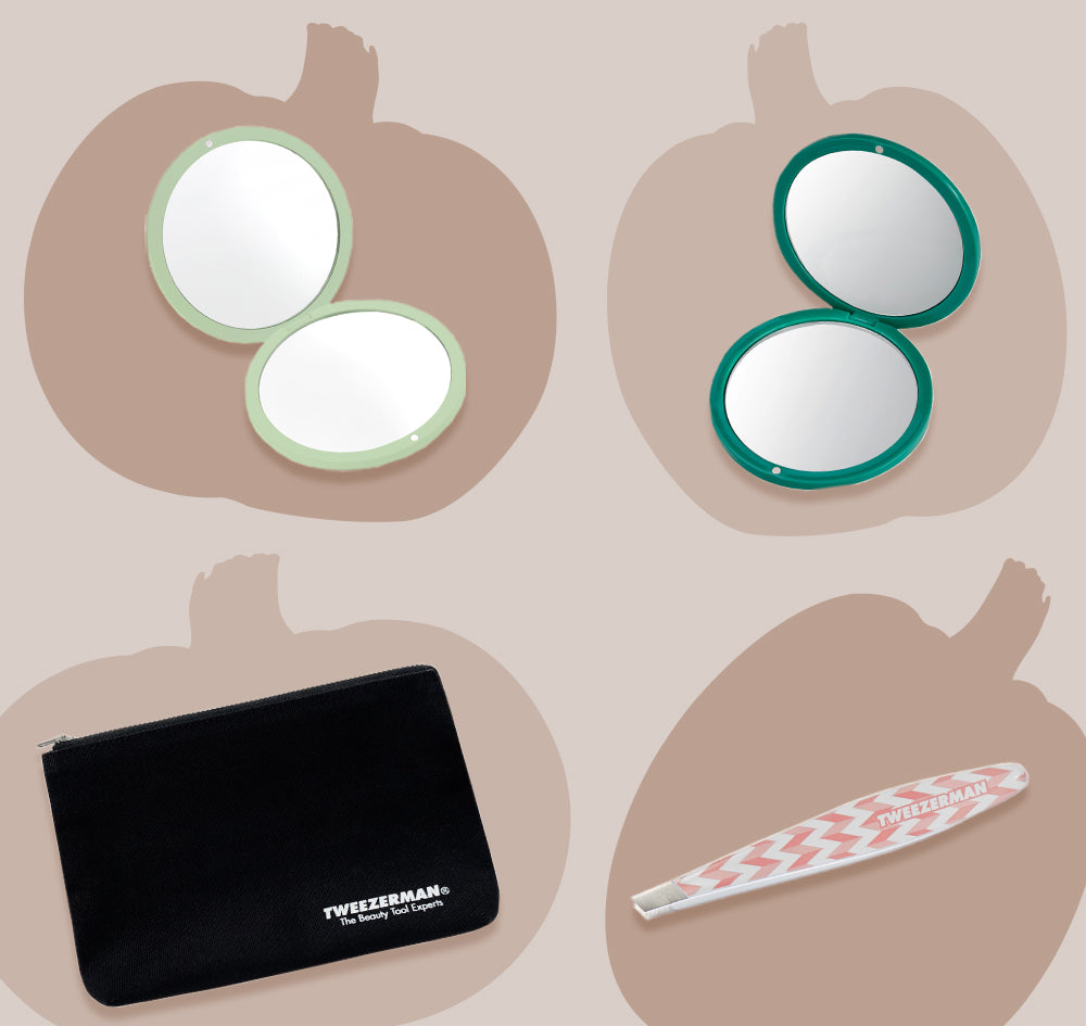 Beige pumpkin design with 4 free gifts with purchase, a green and emerald, green compact mirrors, black tweezerman logo tote, and a mini oval slant tweezer with pink zig zag design.
