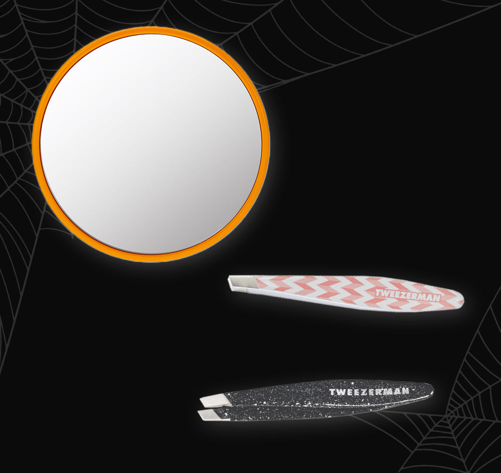 Celebrate Haul-oween with Spooky Savings! Mirror gift with purchase, or choice of mini oval slant tweezer
Black background with white cobwebs 