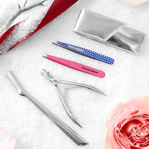 STAINLESS STEEL FACIAL RAZOR, ROCKHARD CUTICLE NIPPER, PINK SLANT TWEEZER, SAPPHIRE BLUE SWARVOSKI SLANT TWEEZER WITH METALIC CASE