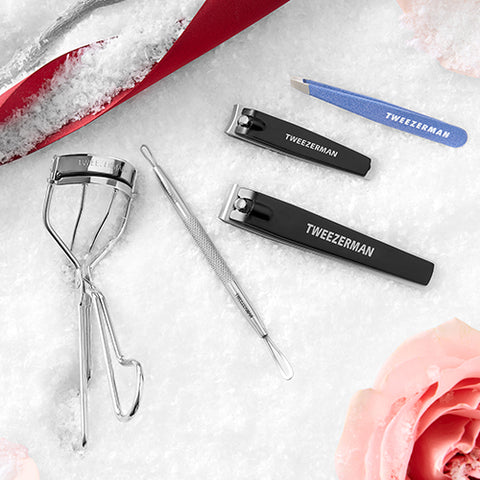 STAINLESS STEEL CLASSIC CURLER, NAIL PUSHY, BLACK AND STEEL COMBO SLIPPER, LAPIS SLANT TWEEZER