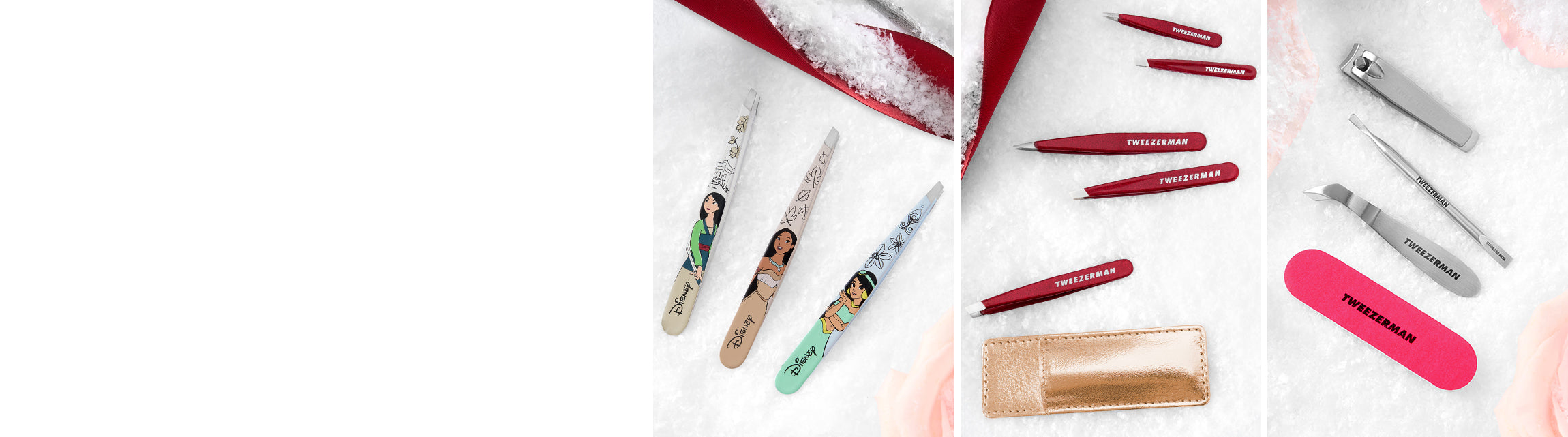 White snow and ribbon backdrop featuring Disney pincess slant tweezers, Mulan, Pocahantas, Jasmine, Vintage Rose Tweezer sets with gold case, mini neon manicure kit with pink mini nail file, and stainless steel cuticle nipper, push, and nail clipper.