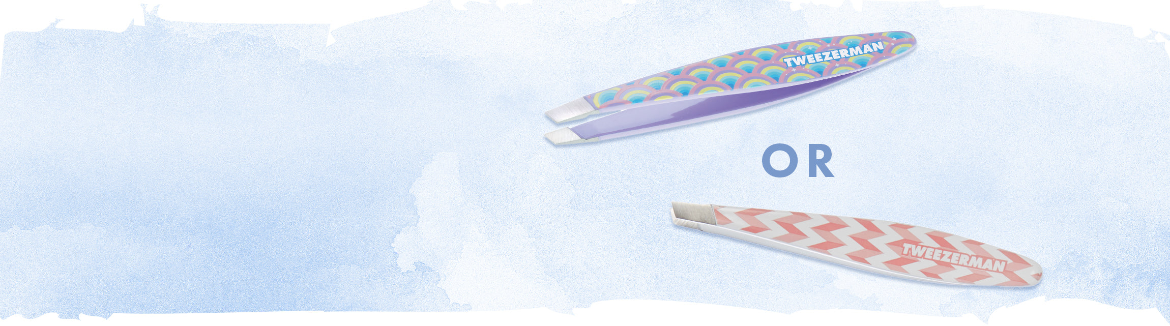Two slim tweezers shown diagonally on a light blue watercolor background, one with a purple handle and multicolor patterned head, and the other with a coral-and-white chevron handle and white head. The word 'TWEEZERMAN' is visible on both tweezers, and the word 'OR' appears between them.