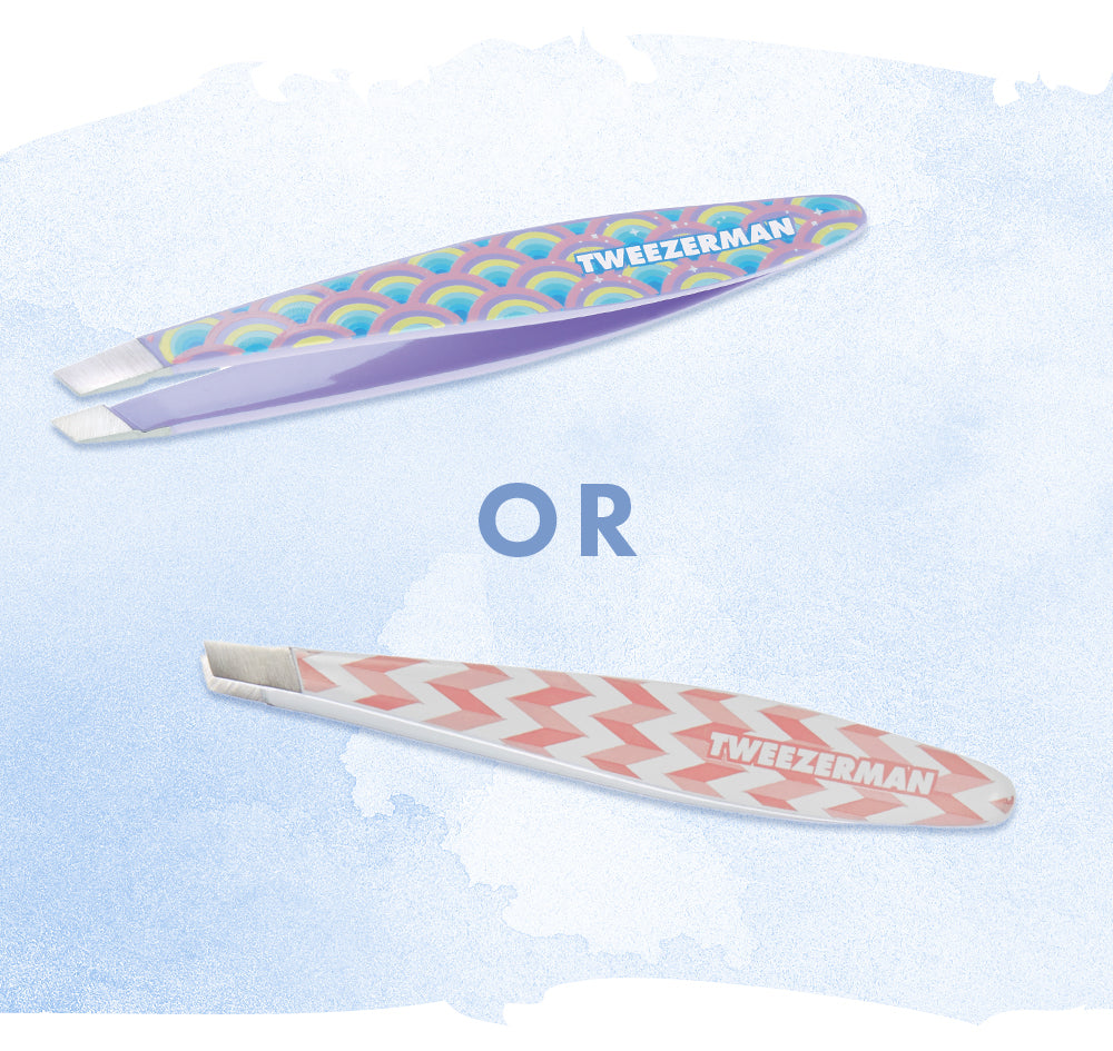 Two Tweezerman tweezers shown on a light blue watercolor-style background with the word OR between them. The top tweezers have a pastel rainbow pattern with a purple handle, and the bottom tweezers have a coral-pink and white chevron pattern with a white handle.