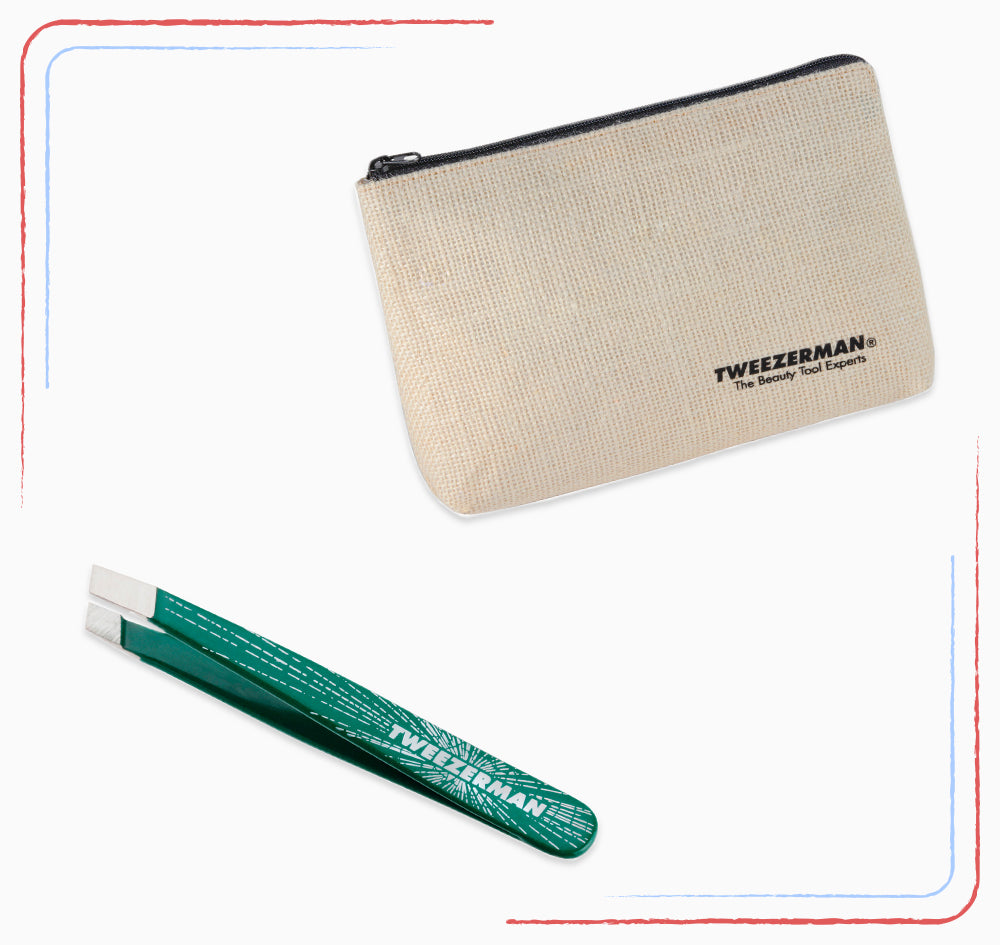 beige Cosmetic Pouch or green Micro Mini Slant Tweezer with any purchase
