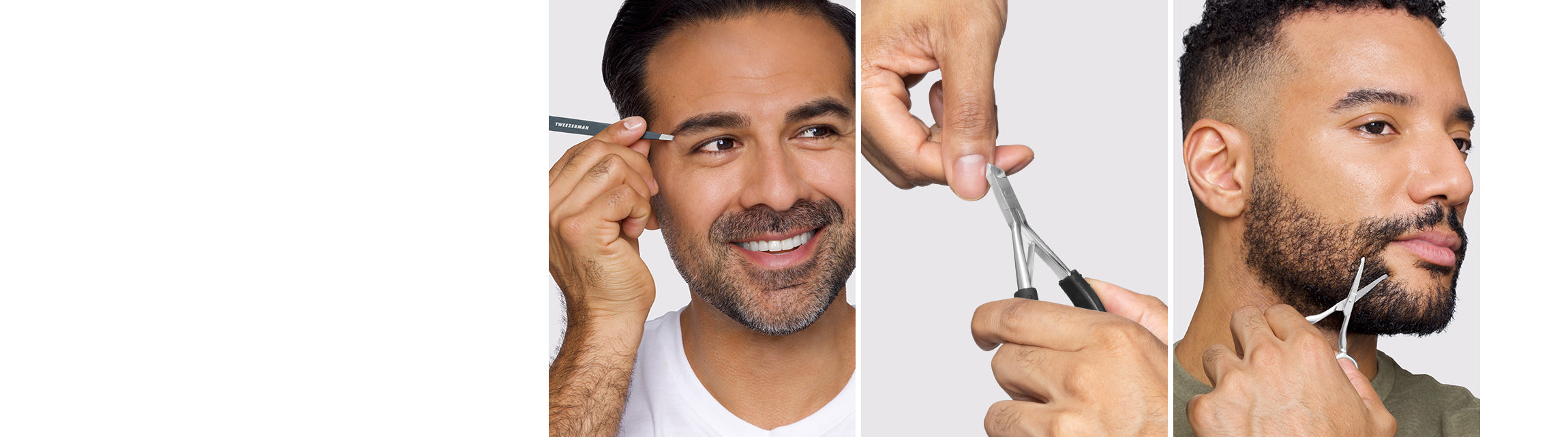 Male Models using Blue Stone Slant tweezer, stainless steel great grip cuticle nipper, and facial hair scissors.