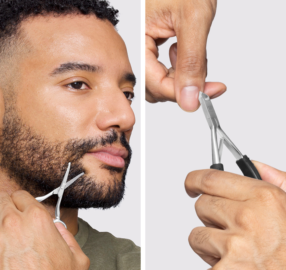 Male Models  stainless steel great grip cuticle nipper, and facial hair scissors.