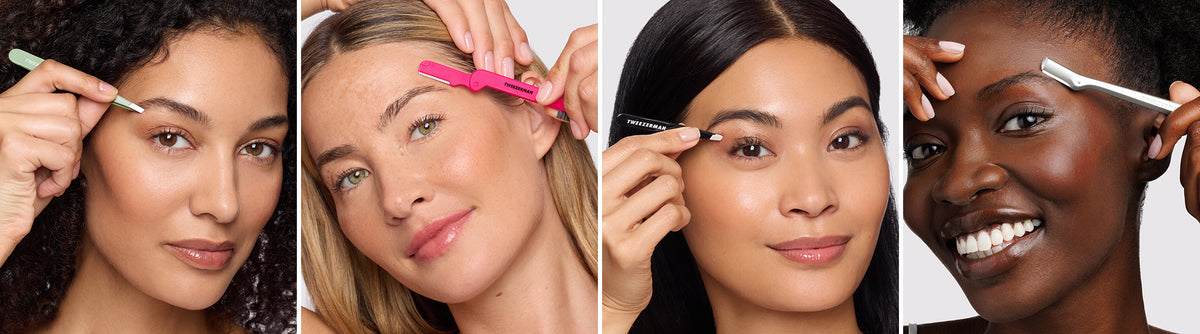 Four-panel close-up collage showing different women using eyebrow grooming tools, including a Pistachio slant tweezer, and a dusted onyx black mini slant and a stainless steel brow razor, on their brows.