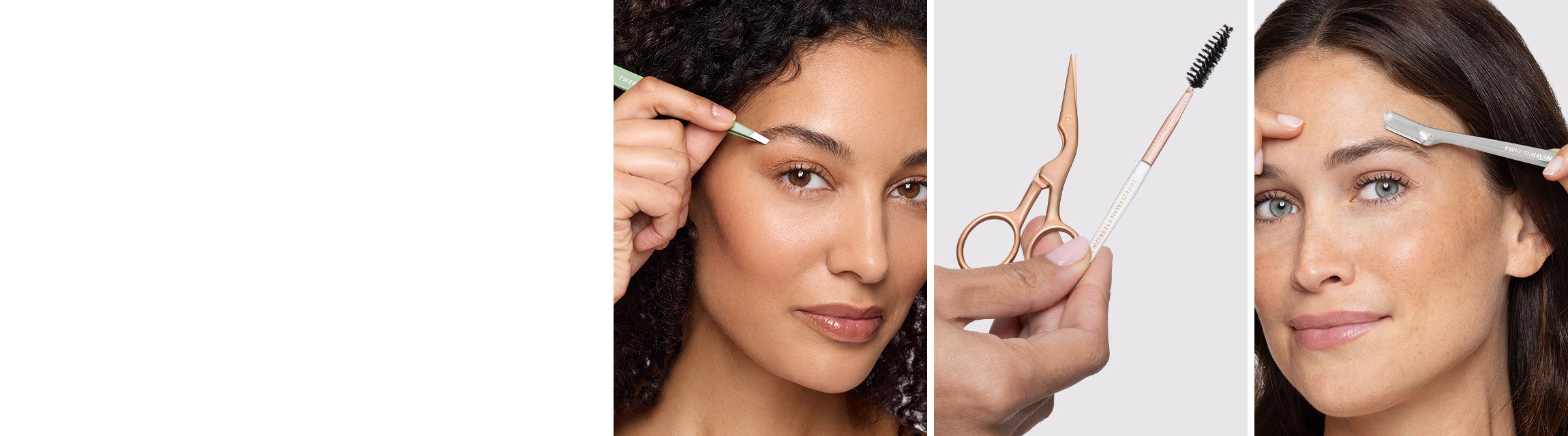 A three-panel close-up showing a woman using a brow pencil, holding a spoolie and tweezers, and having her brow shaped with a brow brush and tweezers. A hand holds a pair of silver scissors with a spoolie attached, against a light gray background.