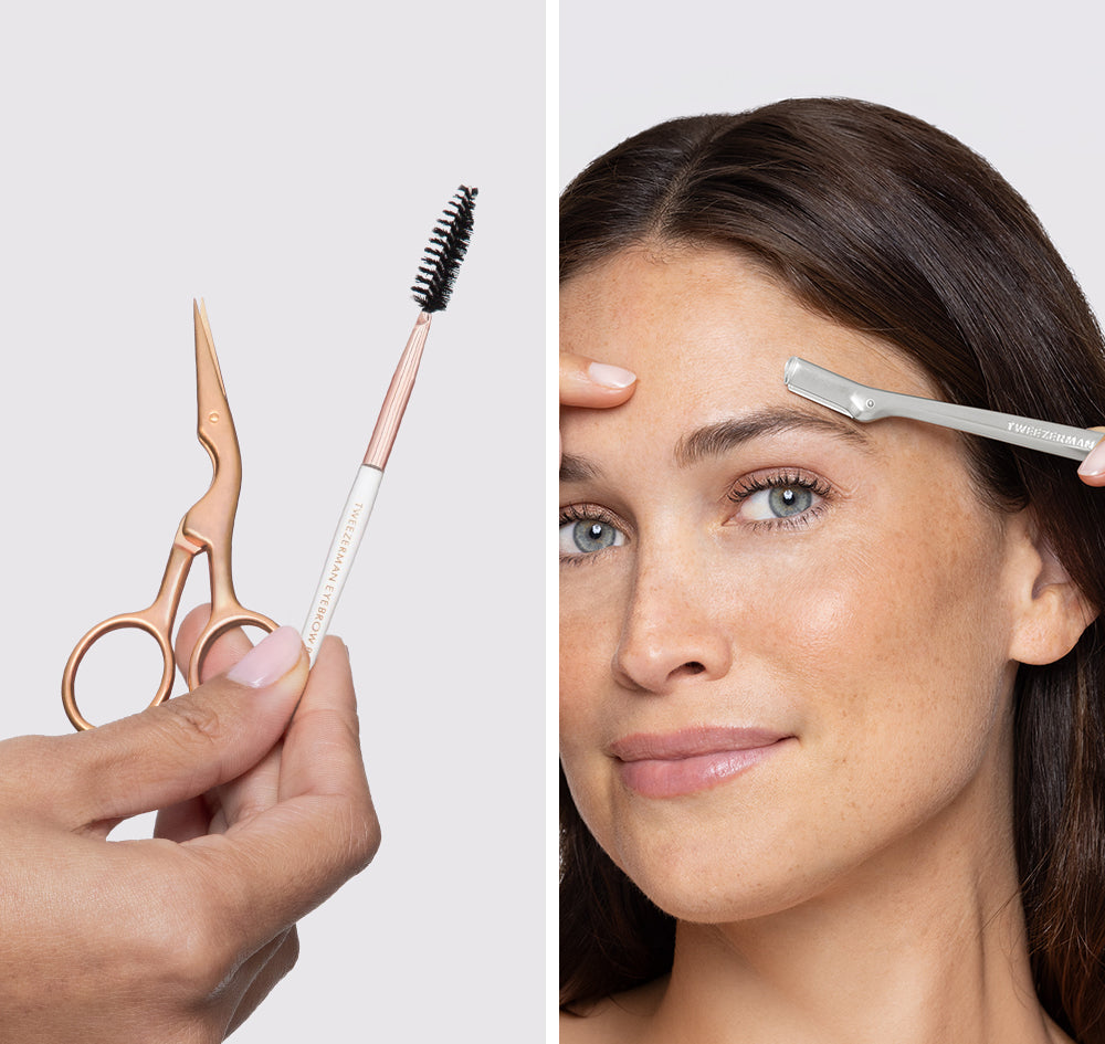 A split-screen beauty product photo showing a rose gold and white eyebrow grooming set. The left panel shows a hand holding the small rose gold scissors and spoolie-ended brow tool against a light gray background.