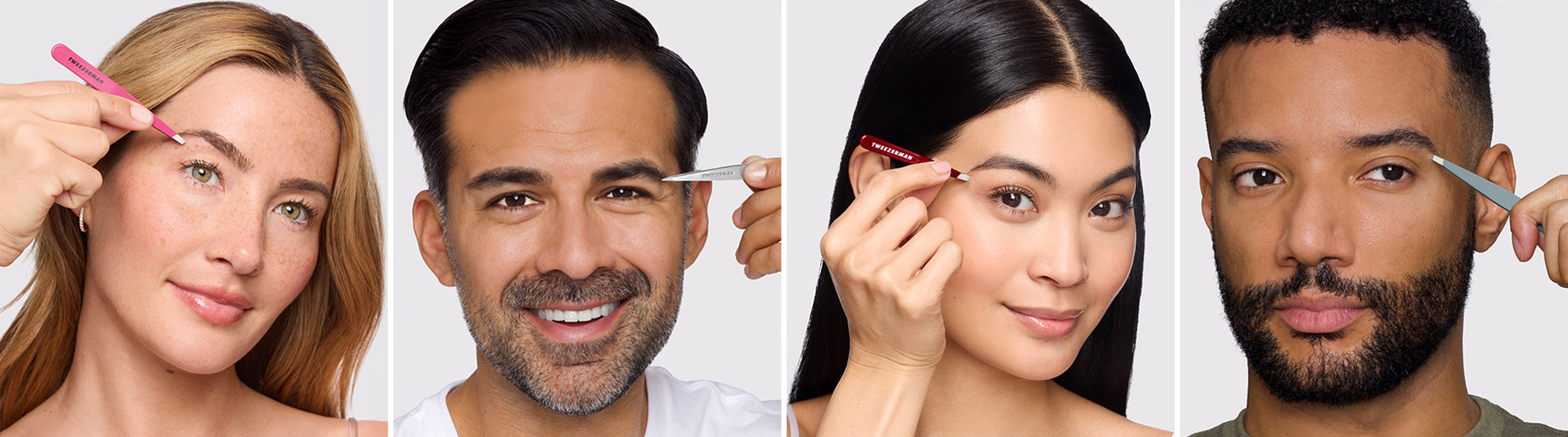 national brow day female and male models using tweezers on their eyebrows