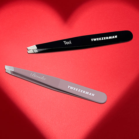 Red background with heart shadow, Wisteria slant tweezer and black slant tweezer with personalization: 