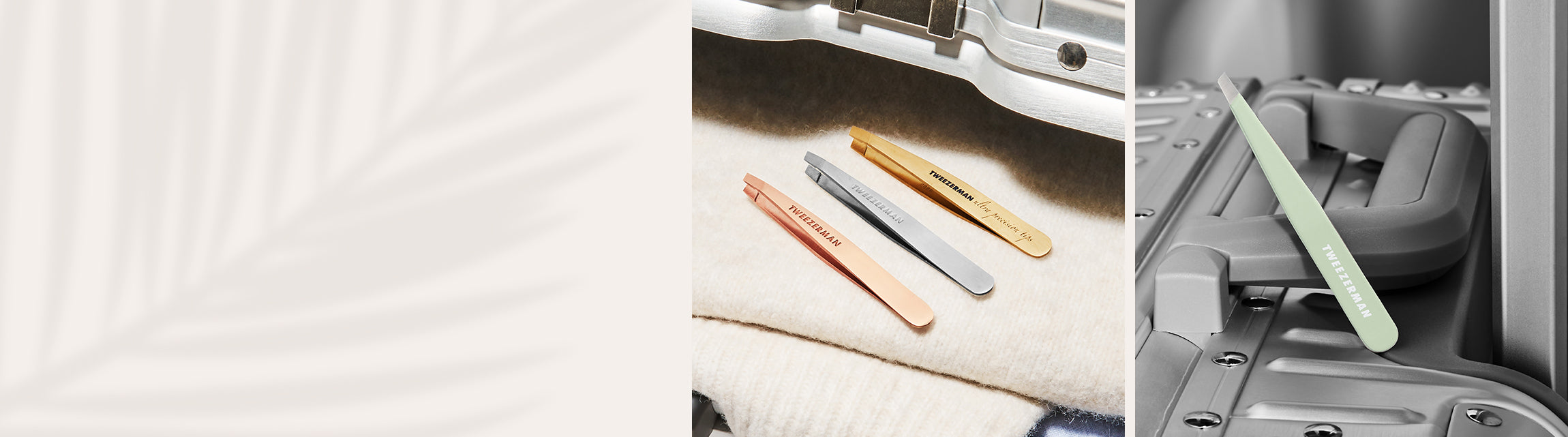 Rose Gold, Stainless Steel, Ultra Precision Gold Titanium, and Pistachio Slant Tweezer displayed on silver suitcase. Beige palm tree background