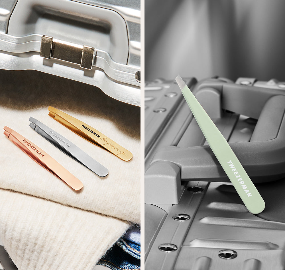 Rose Gold, Stainless Steel, Ultra Precision Gold Titanium, and Pistachio Slant Tweezer displayed on a opened silver suitcase. 