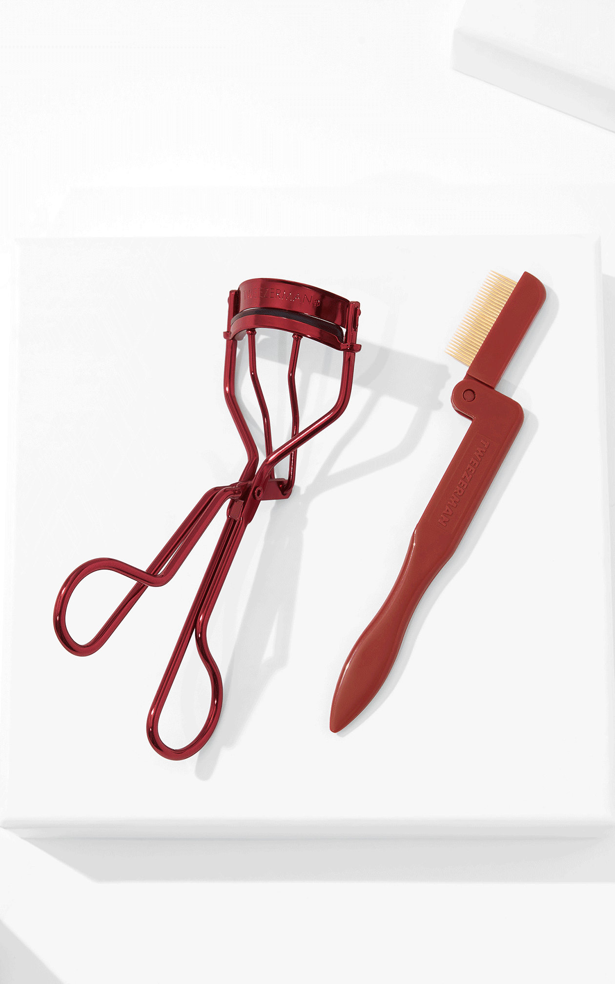 Vintage Rose Rose Red Tweezer set with gold case, and eyelash curler with lash comb