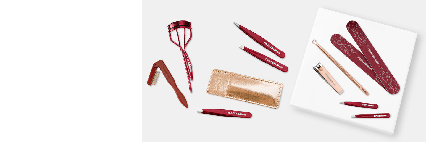 Red, and gold floral design vintage rose collection: Lash Gift Set, Mini Tweezer Set with case, Mini Tweezer with gold case, Manicure Gift Set with rose gold combo clipper, nail pushy and 2 5