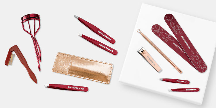 Red, and gold floral design vintage rose collection: Lash Gift Set, Mini Tweezer Set with case, Mini Tweezer with gold case, Manicure Gift Set with rose gold combo clipper, nail pushy and 2 5