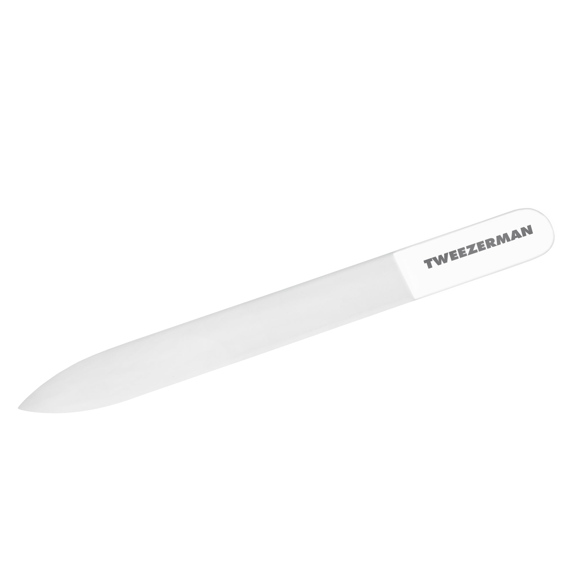 Glass nail file, one end is pointed and one end is rounded with Tweezerman logo