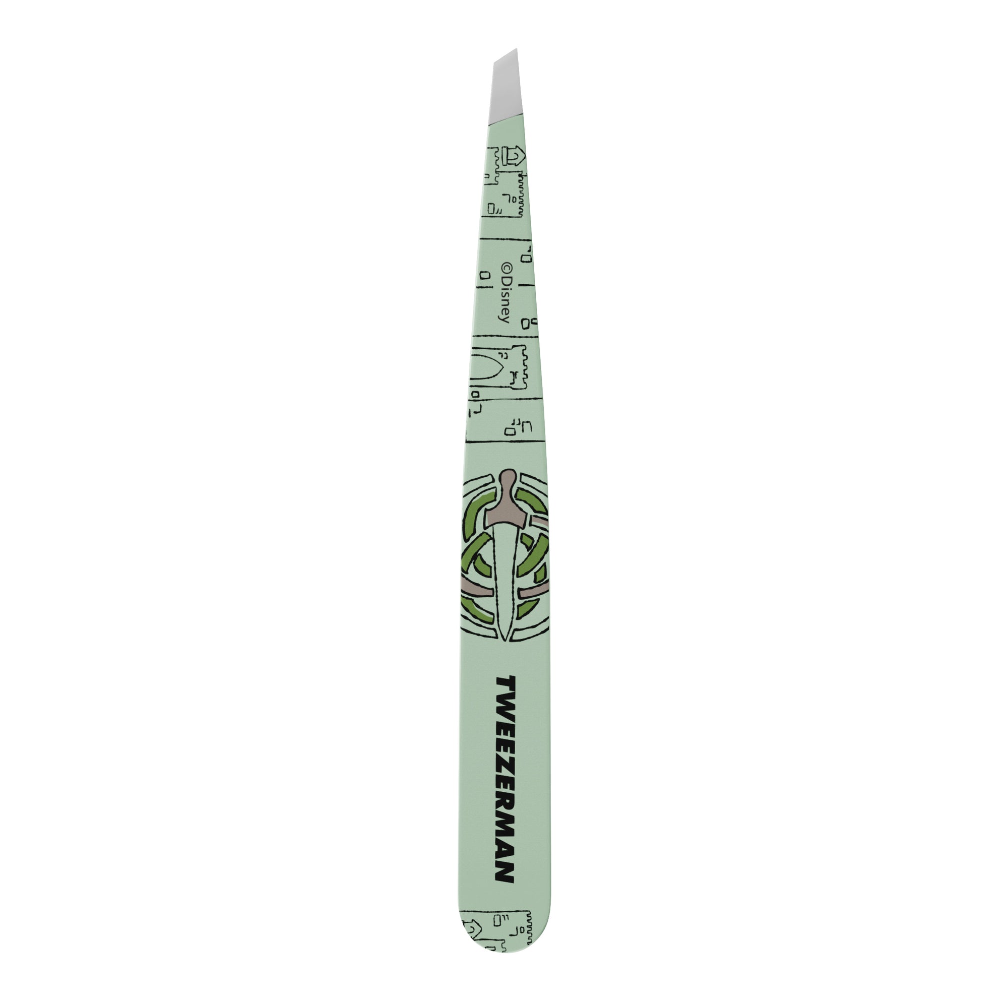 Reverse side of Disney&#39;s Merida Slant Tweezer, tweezer color is green with image of a Sword