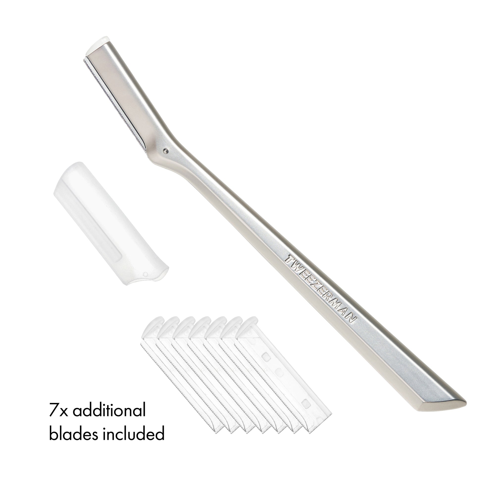 Facial Razor placed on a white background with 7 additional blades and with its cap