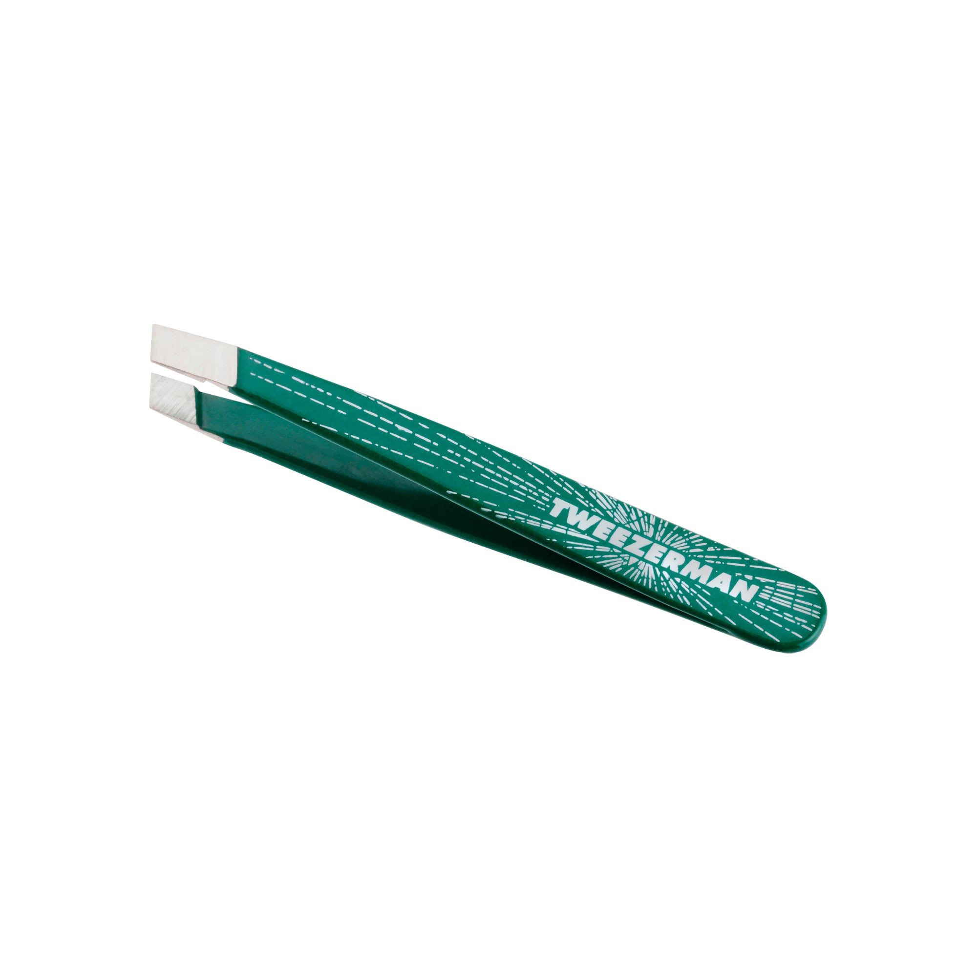 Micro Mini Slant Tweezer Emerald Green featuring white Tweezerman logo.