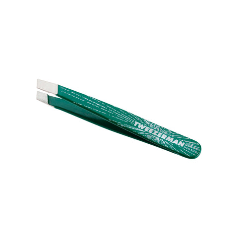 Micro Mini Slant Tweezer Emerald Green featuring white Tweezerman logo.
