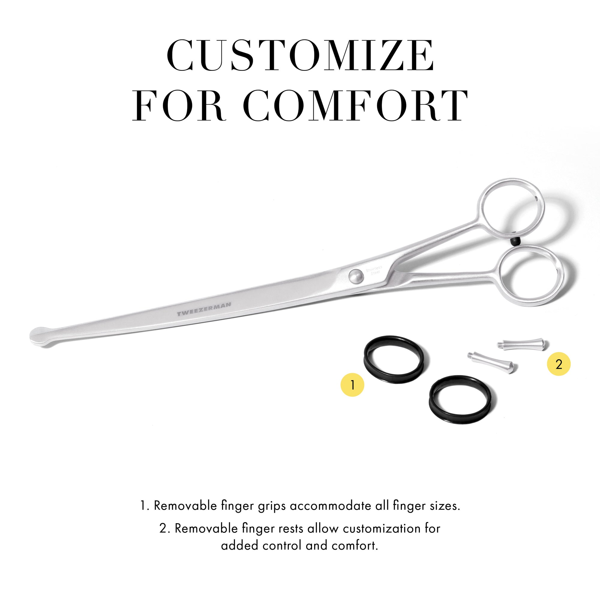 Customized for comfort 1. Removable finger grips accommodate all finger sizes. 2. removable finger rests allow customization for added control and comfort.