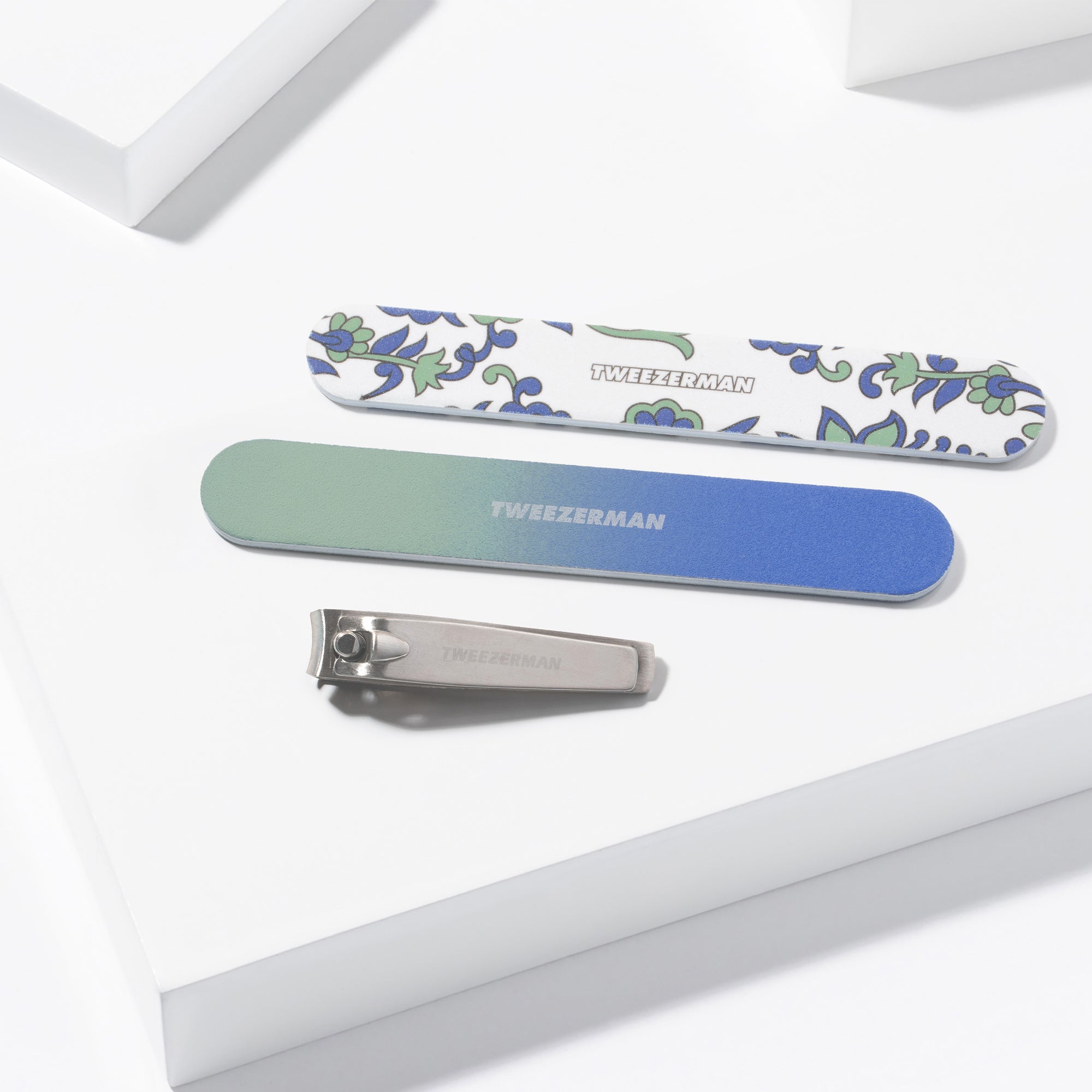 Blue and Green Paisley Manicure Kit placed on a white background