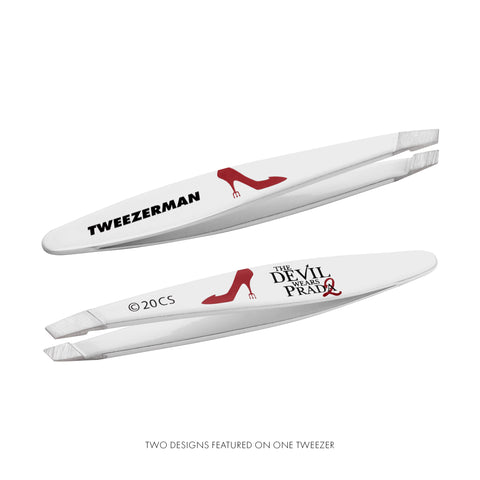 Mini White Slant Tweezer with the Devil Wears Prada 2 and Tweezerman logo on it on a white background