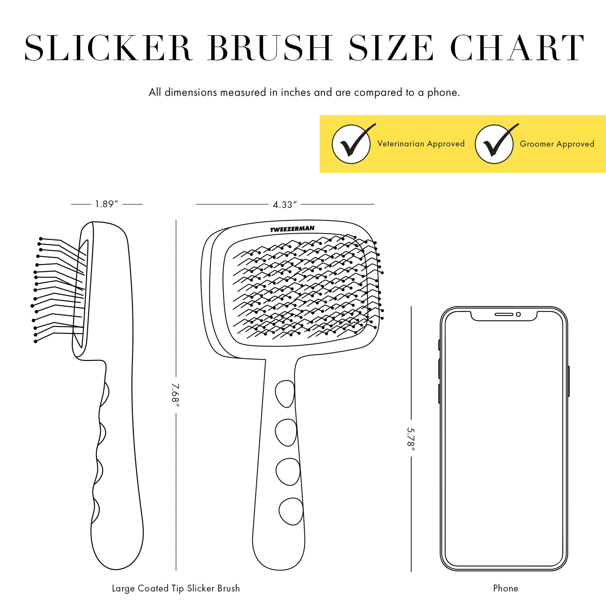 Slicker Brush Size Chart All dims measured in inches and are compared to a phone. Brush is 4.33&quot; tall and 1.89&quot; wide. Vet approved and groomer approved. 