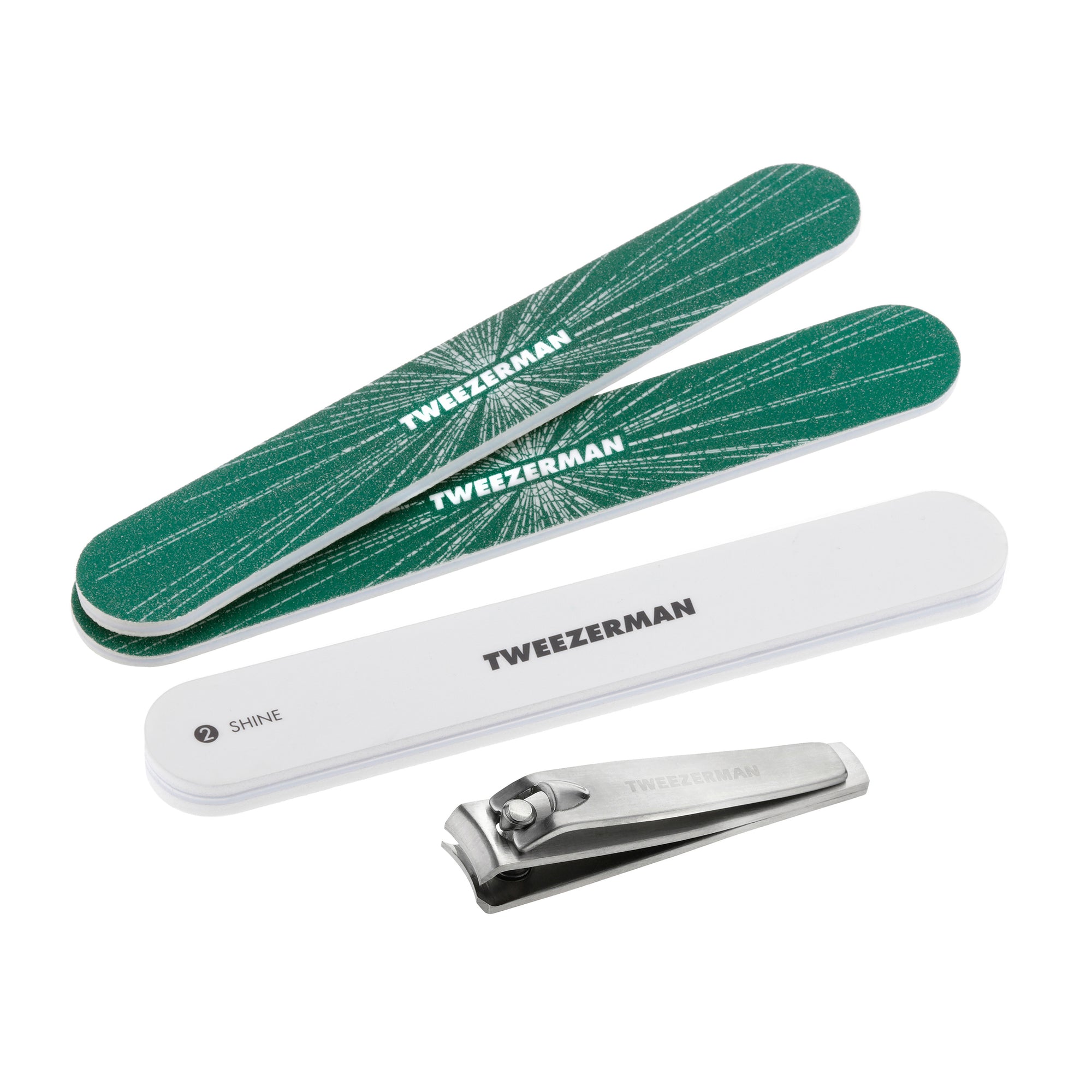 Emerald Green Shimmer nail file, dual-sided buffer and nail clipper