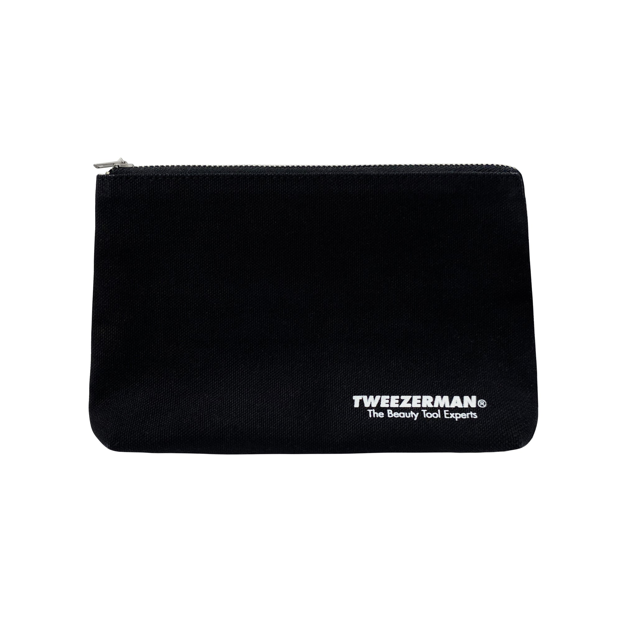 A black canvas cosmetic pouch with a zipper closure and the Tweezerman brand logo printed on the front.