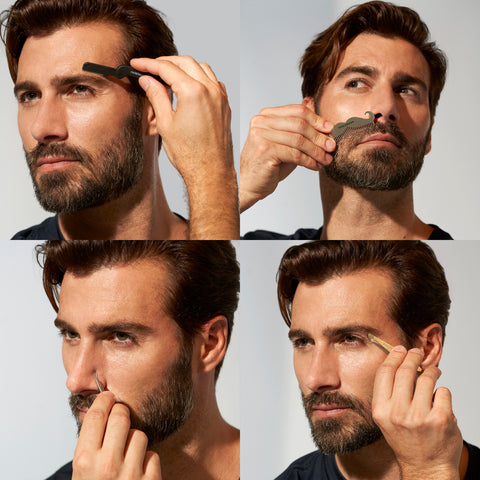 Model using Black Travel Essentials Tool Kit with one mini Slant Tweezer, one mini skin care tool, one mini moustache comb, and one precision folding razor,