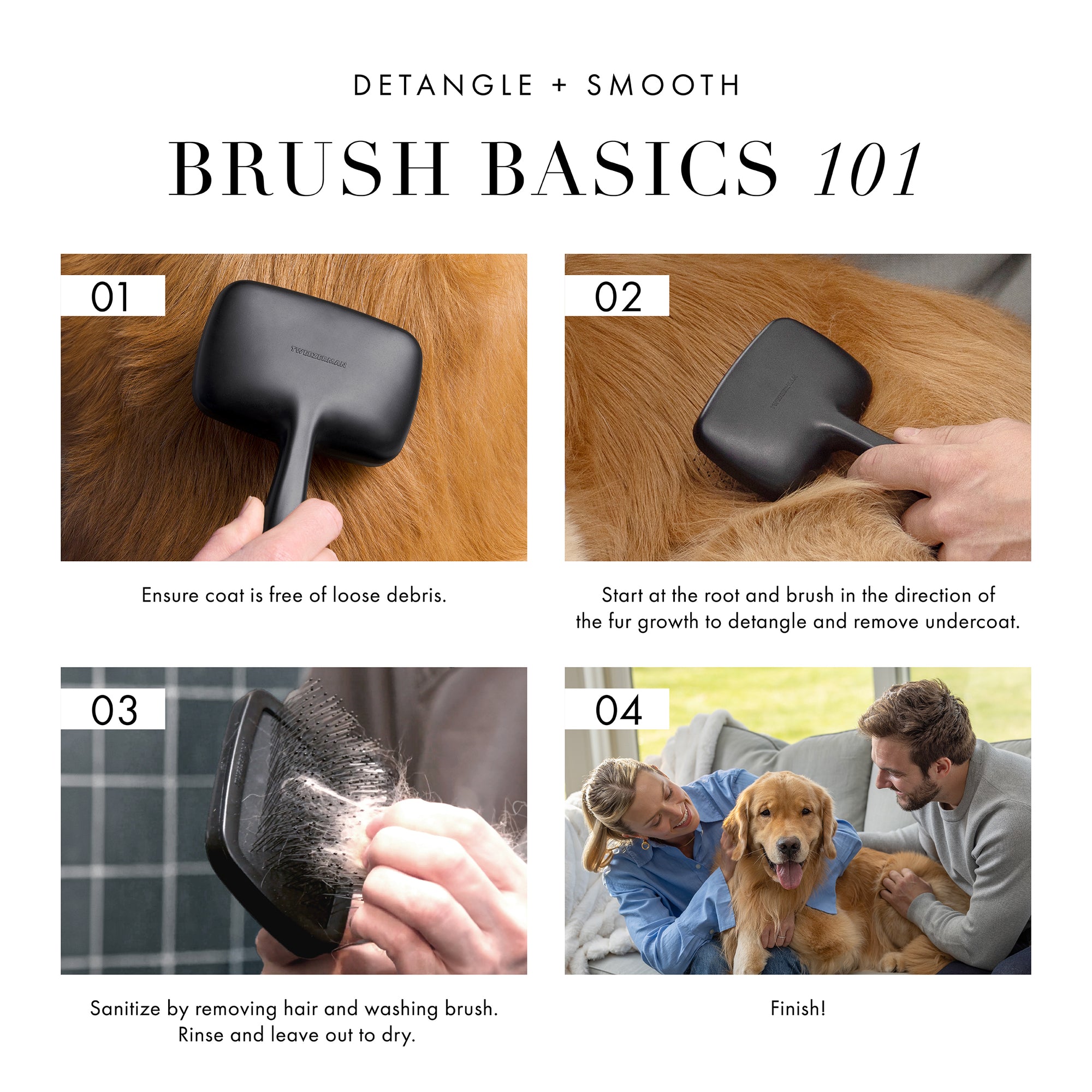 Large Pet Grooming Essentials: Step 1 2-IN-1 Shampoo-Dispensing Bath Brush: One handed design allows to thoroughly cleanse and wash away dirt from your pet&#39;s coat. Step 2 Coated Tip Slicker Brush: Gently detangle and remove loose fur to smooth and style your pet&#39;s coat. Step 3 Precision Nail Clipper: Cut nails with ease, featuring blades that ensure one smooth, clean cut. *Products are not to scale.