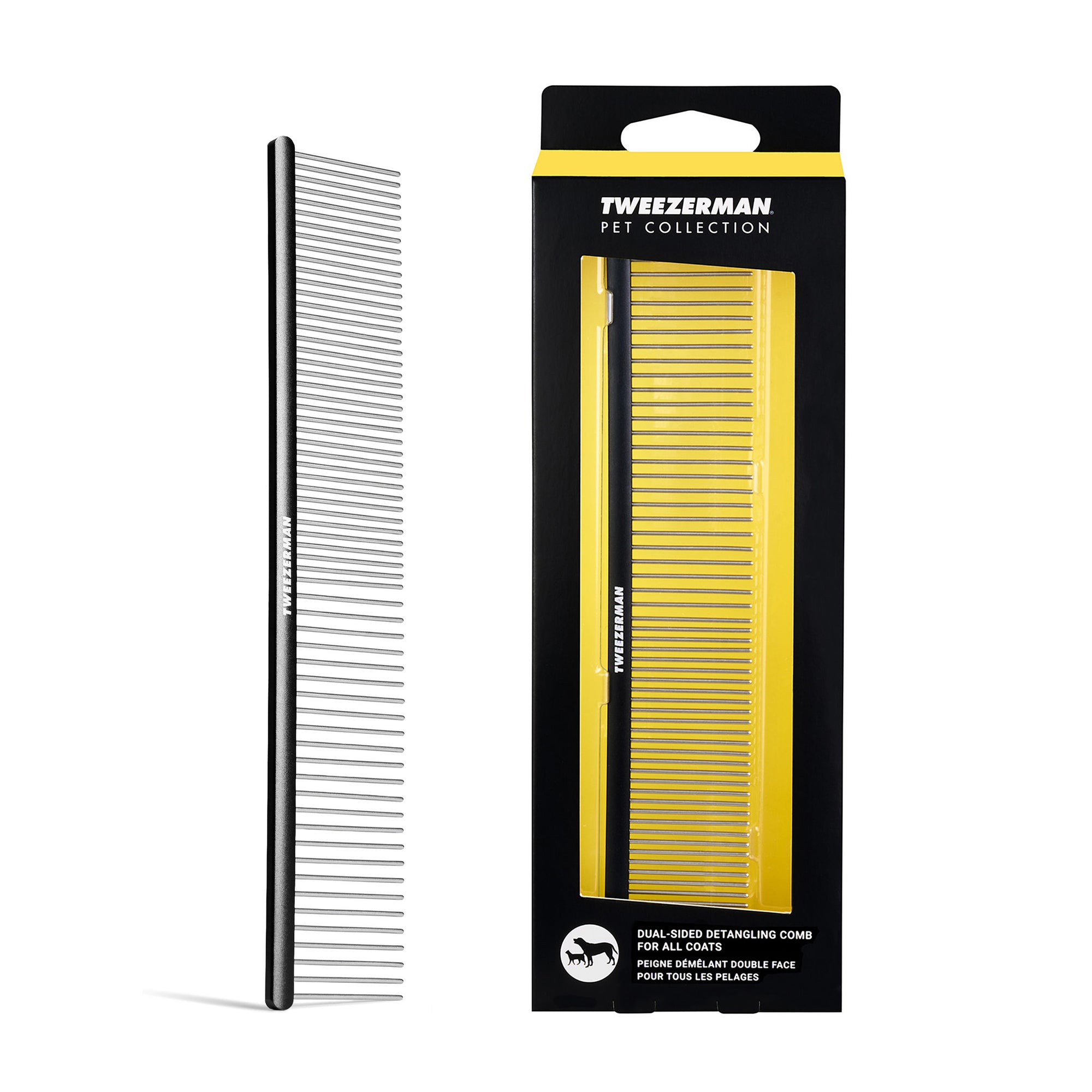 Dual-Sided Detangling Comb displayed in the package and out of the package