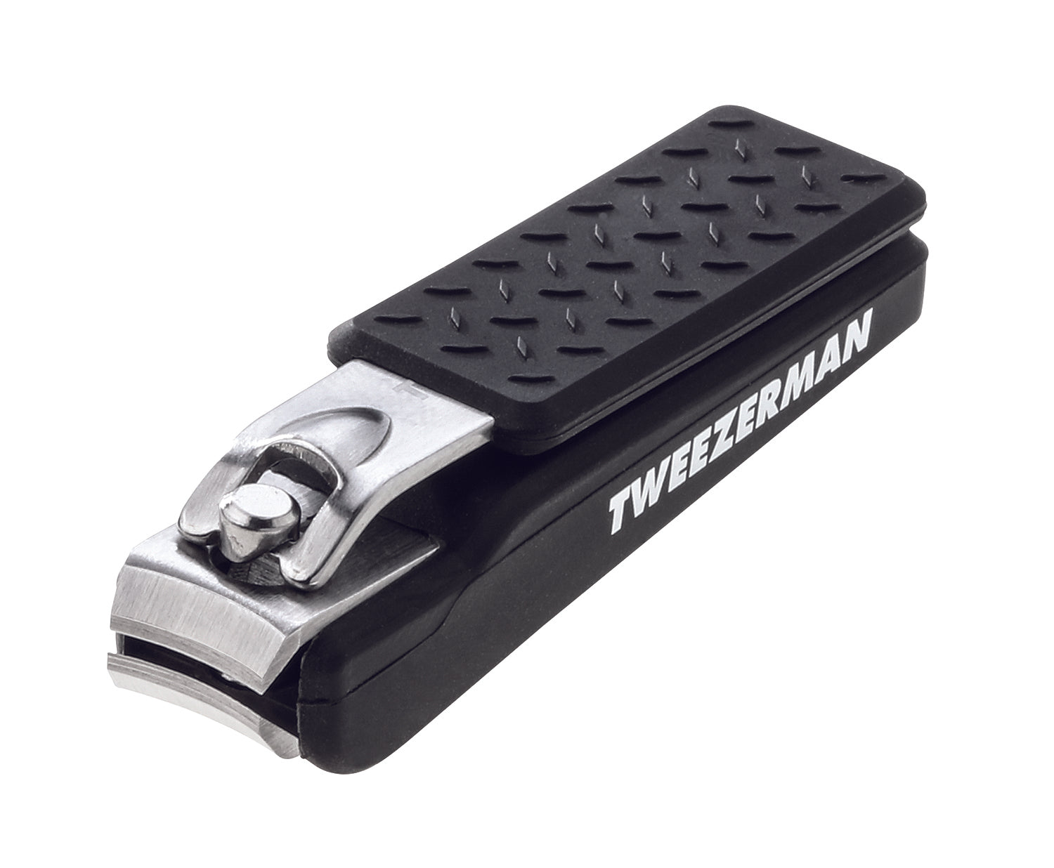 Precision Grip Fingernail Clipper with curved blades and textured black handle. Lever of clipper is lifted up