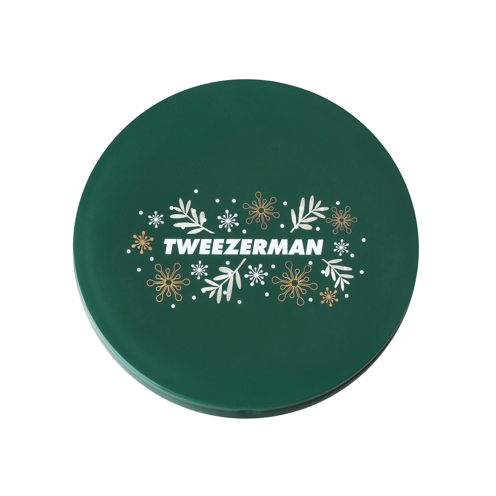 Green colored compact mirror with white Tweezerman logo. white and gold colored leaves and snowflakes around the Tweezerman logo
